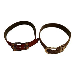 Lot Of 2 Belts 2 Women’s Vintages Satin Brown And Animal Print Genuine Leather S